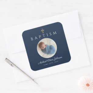 Sticker Carré Croix Religieuse Script Bleu Marine Garçon Baptême