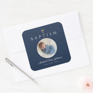 Sticker Carré Croix Religieuse Script Bleu Marine Garçon Baptême
