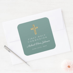 Sticker Carré Croix religieuse verte garçon première communion