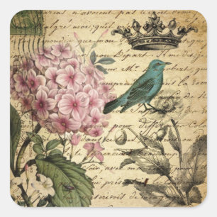 Sticker Carré cropt hydrangea bird french botanical