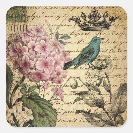 Sticker Carré cropt hydrangea bird french botanical (Devant)