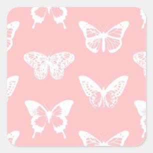 Sticker Carré Croquis papillon, rose coquille et blanc