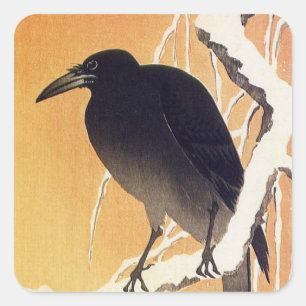 Sticker Carré Crow sur une branche par Ohara Koson Vintage