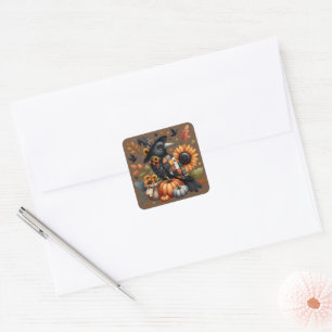Sticker Carré Crow Whimsical avec Citrouilles et tournesols