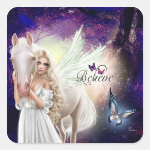 Sticker Carré Croyez Imaginaire Fairy Angel avec Cheval Blanc