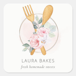 Sticker Carré Cuillère à fourche en bois rose pâle Logo du Chef