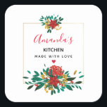 Sticker Carré Cuisine florale moderne Red Green & Gold Christmas<br><div class="desc">stickers cuisine - dit "fait avec amour" avec un petit coeur rouge. Conçu avec un joli bouquet fleuri aux couleurs rouge,  or et vert. Un cadre doré derrière les fleurs.</div>