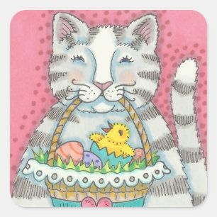 STICKER CARRÉ CUISINE & PÂQUES BASKET D'OEUFS, BALISES DE CHAT