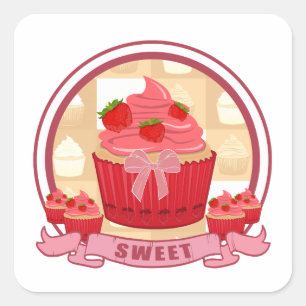 Sticker Carré Cupcake aux fraises