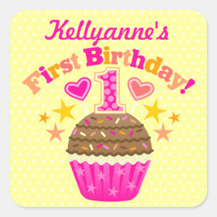 Sticker Carré Cupcake d'anniversaire (filles)