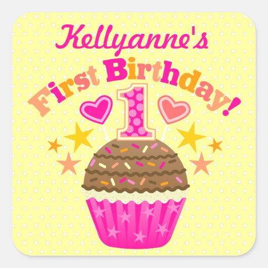 Sticker Carré Cupcake d'anniversaire (filles) (Devant)