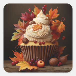 Sticker Carré Cupcake d'automne aux feuilles d'automne colorées