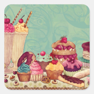 Sticker Carré Cupcake & Ice Cream Patisserie Tags cadeaux