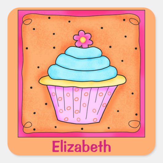 Sticker Carré Cupcake rose orange turquoise Nom (Devant)