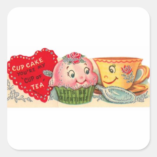 Sticker Carré Cupcake vintage et Teacup Saint-Valentin (Devant)