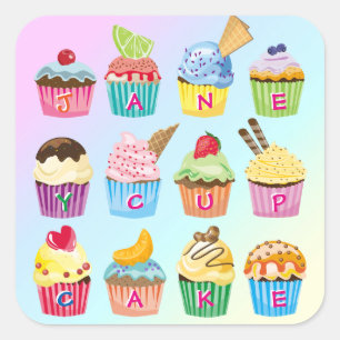 Sticker Carré Cupcakes Ajoutez Votre Nom Monogramme Gâteaux Dé