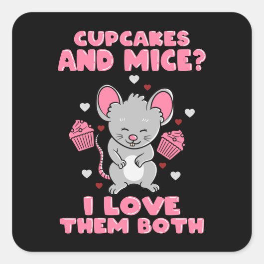 Sticker Carré Cupcakes et souris Je les aime tous les deux (Devant)