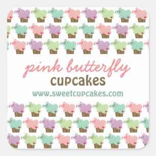 Sticker Carré Cupcakes Whimsical Tree Butterflies Sweet Birthday