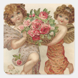 Sticker Carré Cupidon Chérubin Ange Panier Roses Rose