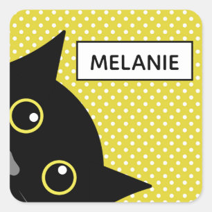 Sticker Carré Curieux Chat Noir Polka Jaune Point Personnalisé