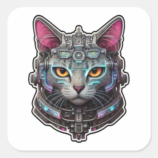 Sticker Carré Curieux Kitty dans un cyber-casque (Devant)