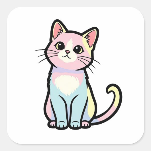 Sticker Carré Curious Cat – Cute Kawaii Animal Illustration (Devant)