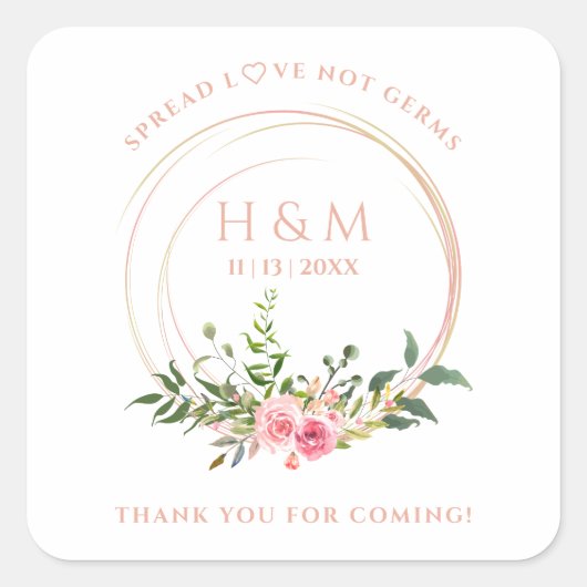 Sticker Carré Custom Botanical Wreath in Pink Wedding Sanitizer (Devant)