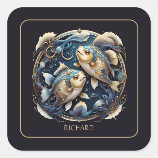 Sticker Carré Custom Cosmic Fish Zodiac Sign Black Gold Pisces (Devant)