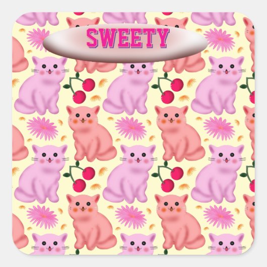 Sticker Carré Custom Cute Cat Cherry Floral Pattern (Devant)