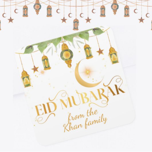 Sticker Carré Custom "Eid Mubarak" White Gold Lanterns + Moon