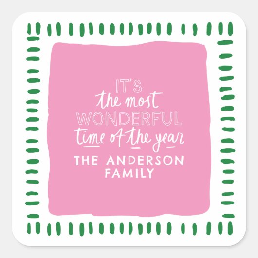 Sticker Carré Custom Family Name Modern Pink & Green Christmas (Devant)