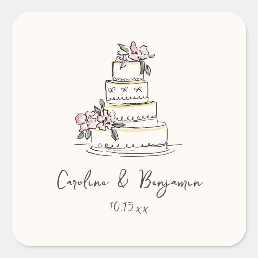 Sticker Carré Custom Handwritten Pink Yellow Doodle Wedding Cake (Devant)