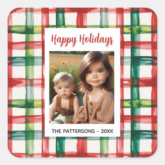 Sticker Carré Custom Happy Holidays Fun Plaid Red Green Photo (Devant)