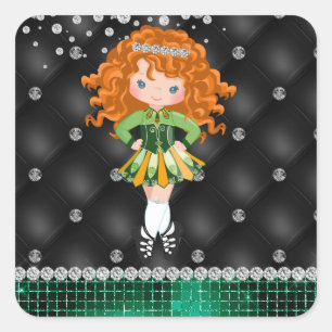 Sticker Carré Custom Irish Dance Redhead Girl Green, Noir