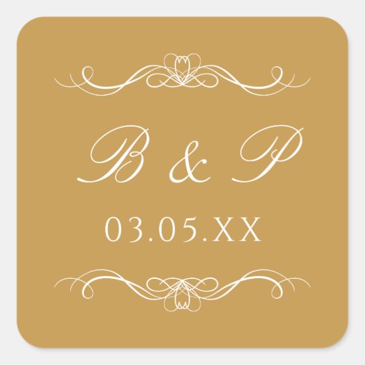 Sticker Carré Custom Monogram Modern Elegant Gold Swirl Wedding (Devant)