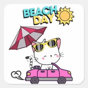 Sticker Carré Cute Angora White Chat en voiture à la plage