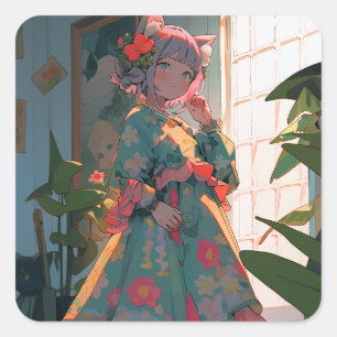 Sticker Carré Cute Anime Catgirl
