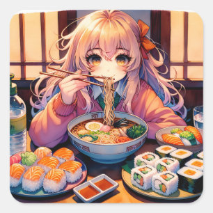 Sticker Carré Cute Anime Girl Manger Ramen et Sushi