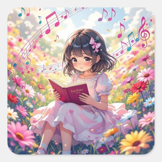 Sticker Carré Cute Anime Girl Reading a Book (Devant)