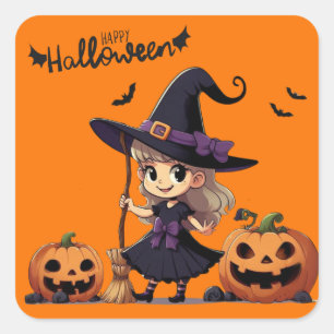 Sticker Carré Cute, anime sorcière Halloween