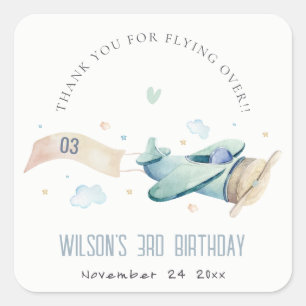 Sticker Carré Cute Aqua Green Blue Plane Nuage Coeur Anniversair