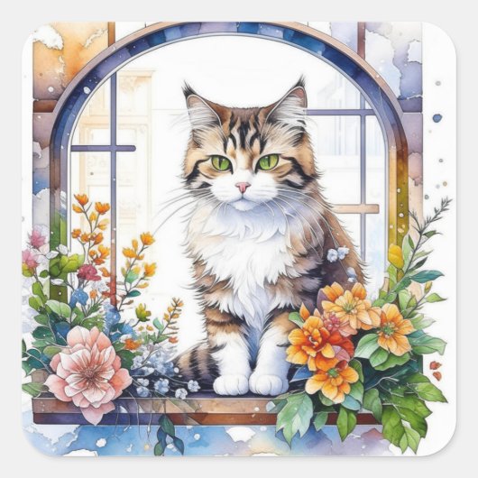 Sticker Carré Cute Aquarelle Chat dans la fenêtre de fleurs (Devant)