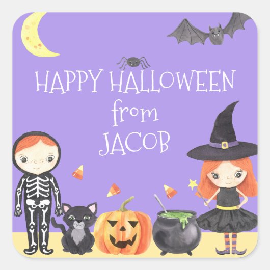 Sticker Carré Cute Aquarelle Costume d'Halloween Enfants (Devant)