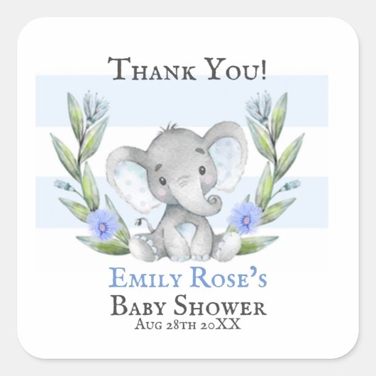 Sticker Carré Cute Aquarelle Elephant Boy Baby shower Merci (Devant)