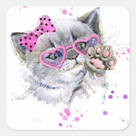 Sticker Carré Cute Aquarelle Kitten (Devant)