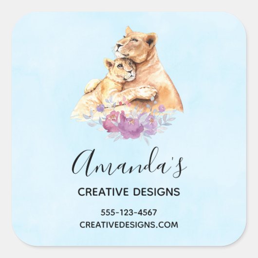 Sticker Carré Cute Aquarelle Mère Lion & Cub Business (Devant)