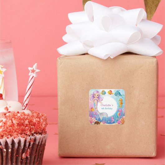 Sticker Carré Cute arc-en-ciel mermaid poisson hippocampe Annive (Fête)