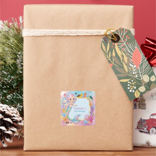 Sticker Carré Cute arc-en-ciel sirène poisson hippocampe étoile  (vacances)