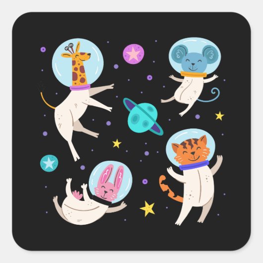 Sticker Carré Cute astronaute Animaux flottant dans l'espace (Devant)