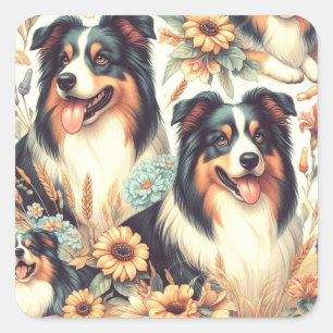 Sticker Carré Cute Australian Shepherd peinture Vintage